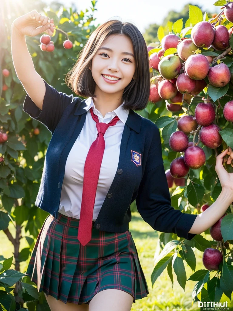 (A super cute Korean schoolgirl walking in the dazzling sunlight:1.2)(Laughing:1.2)((16k, RAW Photos, Best Quality, masterpiece: 1.2),(Her shiny, beautiful black bob hair sways softly in the wind.:1.1) Super detailed, Super Resolution, (Genuine, Genuine photos: 1.37), Portraiture, High-resolution RAW color photos, Professional photos, Very detailed, 8k wallpaper, Very detailed CG Unity 8k wallpaper, Very detailed beautiful girls, Very detailed faces, ((whole body)), beautiful woman, Huge breasts,(huge boobs:1.1) (Big Boobs:1.1), Beautiful schoolgirl (Cute school uniforms,School-designated summer short-sleeved shirt＆Red tie and shirt uniform),high school girl, Korean Girls,(K-POP Female Idols), (Idol-level beauty)(Beautiful high school girl:1.1)(Orchard)((Age 15)(Fruit picking date:1.2)(NSFW:1.2)Stuffing fruit into one&#39;s mouth