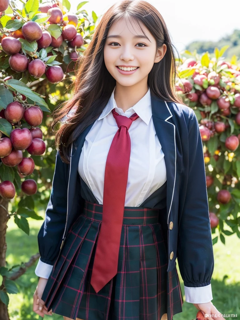 (A super cute Korean schoolgirl walking in the dazzling sunlight:1.2)(Laughing:1.2)((16k, RAW Photos, Best Quality, masterpiece: 1.2),(Her shiny, beautiful black bob hair sways softly in the wind.:1.1) Super detailed, Super Resolution, (Genuine, Genuine photos: 1.37), Portraiture, High-resolution RAW color photos, Professional photos, Very detailed, 8k wallpaper, Very detailed CG Unity 8k wallpaper, Very detailed beautiful girls, Very detailed faces, ((whole body)), beautiful woman, Huge breasts,(huge boobs:1.1) (Big Boobs:1.1), Beautiful schoolgirl (Cute school uniforms,School-designated summer short-sleeved shirt＆Red tie and shirt uniform),high school girl, Korean Girls,(K-POP Female Idols), (Idol-level beauty)(Beautiful high school girl:1.1)(Orchard)((Age 15)(Fruit picking date:1.2)(NSFW:1.2)Stuffing fruit into one&#39;s mouth