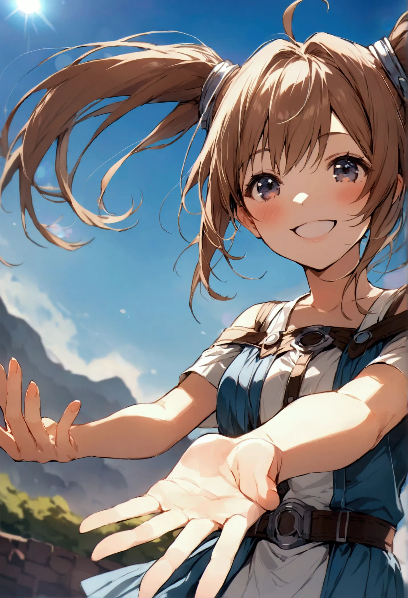 hairstyle: long twin tails、background is sky、high image quality、reaching out、atmospheric perspective、lens flare、blue sky、smile