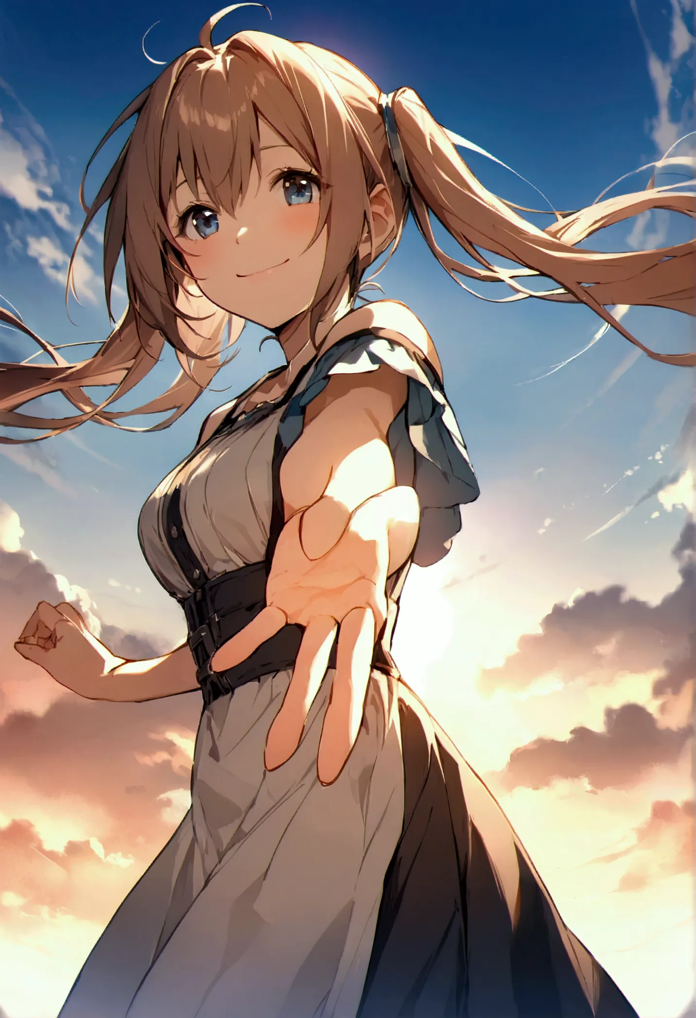 hairstyle: long twin tails、background is sky、high image quality、reaching out、atmospheric perspective、lens flare、blue sky、smile