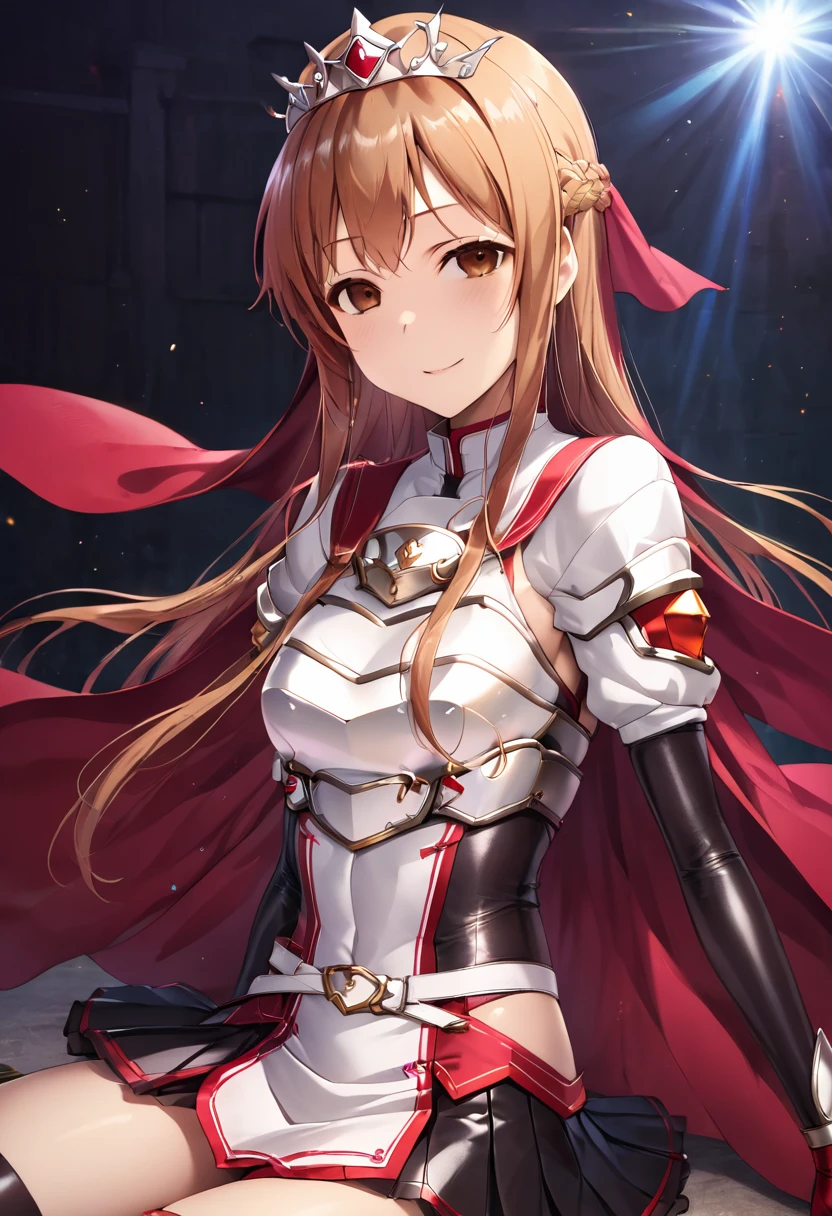 Best Quality、unity 8k wallpaper、32K、masterpiece、Very detailed、Ultra-high resolution、Very detailedな顔, RAW Photos, professional, Ultra-fine painting,　Platinum tiara with red gemstones、(((Red Nun Cape)))、( 20～Female magical warrior,White and gold breastplate, Yuuki Asuna, brown eyes, brown hair, long hair, bangs, braid
Yuuki Asuna, blue eyes, Red and white leotard、(((With side armor and long slits、Tight skirt decorated with red and white gold)))、Short puff sleeves with shoulder pads、A large white ribbon with a large sapphire on the chest、White and red long gloves、White and red thigh-high stiletto boots、whole body、