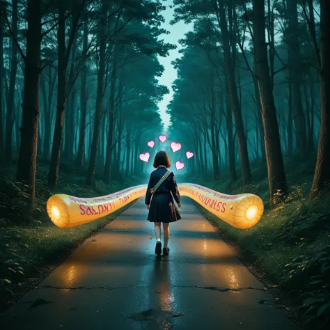 illustration of a japanese schoolgirl walking on a path that transforms from a dark, shadowy forest into a bright, colorful mead...