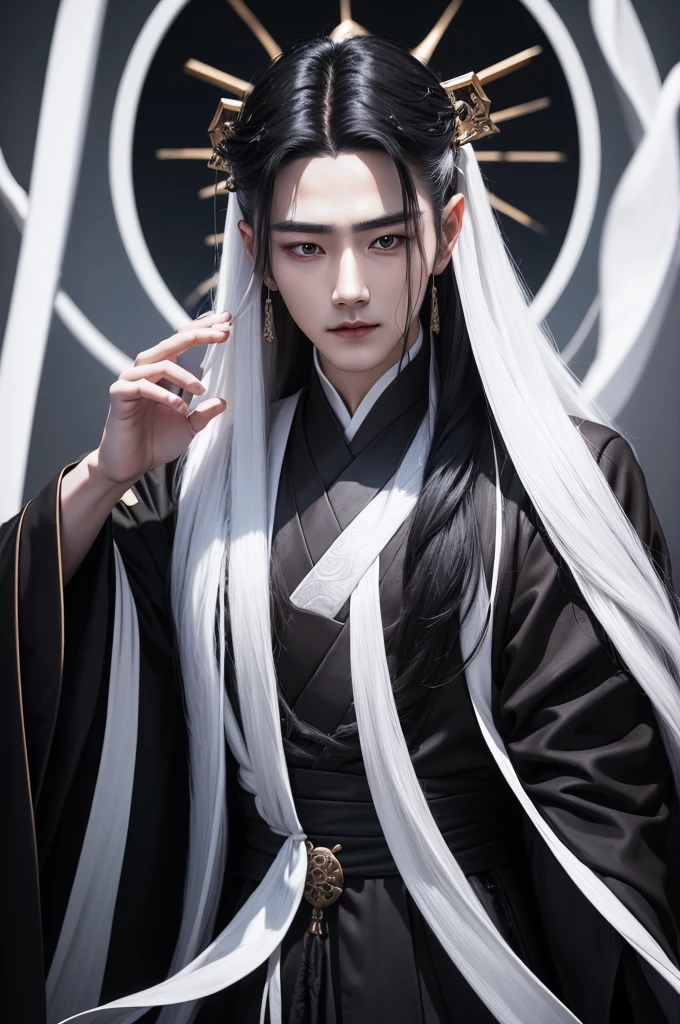 a close up of a person with long hair wearing a black robe, cai xukun, with long white hair, with white long hair, inspired by Zhang Han, inspired by Wu Daozi, inspired by Bian Shoumin, inspired by Luo Mu, with his long black hair, inspired by Gong Xian, inspired by Wu Bin, he has dark grey hairs