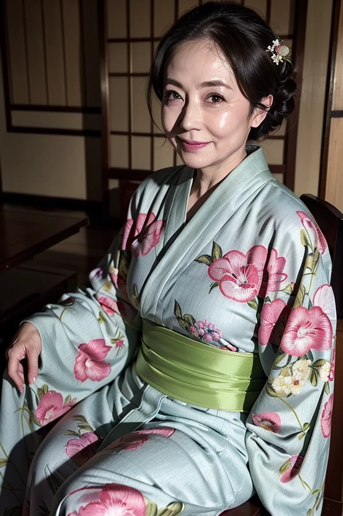 Real（masterpiece、Best Quality）(masterpiece:1.4)、、(Facial wrinkles:1.2)、A seductive smile、(Updo:1.1)、(Wearing a gorgeous kimono)、Full body)、Beautiful Mature Woman、、Traditional Japanese Room、Detailed Background