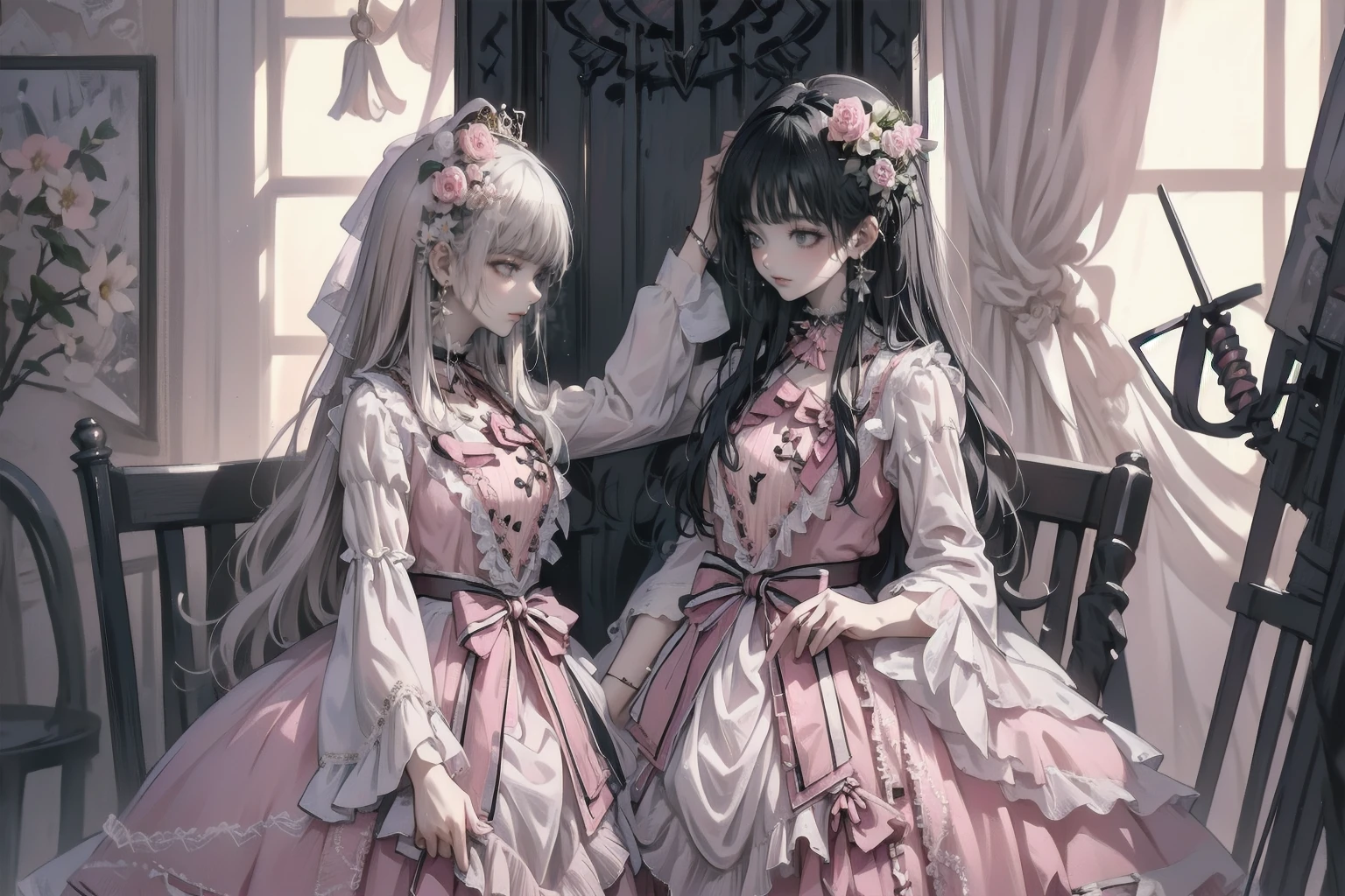 (8k, Best Quality, masterpiece: 1.2), Ultra-high resolution,,Marie Antoinette,Ultra-detailed face,Fine grain,Open your mouth a little,(Blonde),Long Hair,Wavy Hair, break,Rococo Ruffle Dress,Long sleeve dress,The dress includes an extra long skirt,Baroque Dress, Intricate fantasy dress, glamorous ruffled dresses, Romantic Dress, Ruffled Costume,Raffle, Data Style, Formal Wear, Fancy Fashion, palate colors include pink and white,(pink:1.5),Class A Smile,Gold Tiara, necklace,Sit in a luxurious chair,Hands on knees,(Rainbow light:1.4),,Profile of a person gazing out a window,The rosebush is reflected in the window,(Inside Victoria Palace)、Her eyes sparkle、Now her blonde hair reaches down to her waist、Rose-colored gradation and three, 薄いpinkのロック. 彼女は花柄の装飾が施されたGold Tiaraを着用し、Matching earrings, White flower choker. 彼女は金色のボタンで縁取られたフリル付きの白いストライプのpinkのトップを着ている, The white sleeves are shaped like flower buds.. A magenta ribbon runs along her chest.、Tied behind the neck、Matching chest piece, Decorated with flowers. Her frilly skirt is divided by a white lining, Fastened with a large magenta ribbon、Decorated with gold, There is a small ribbon on the back. Her miniskirt is、薄いpinkのマゼンタの貝殻状の裏地と白い花のペチコートでできている. 彼女はpinkの花がついた白い手袋も着用している, 白と薄いpinkの靴には、ゆるいカフとDecorated with flowersたマゼンタのリボンがある.
