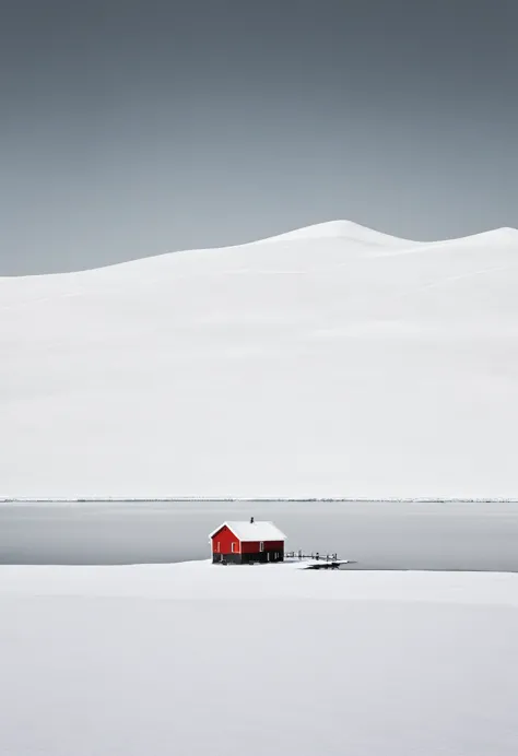 alex howitt，scenery，black and white，minimalism，vast snowfield，lake，red house