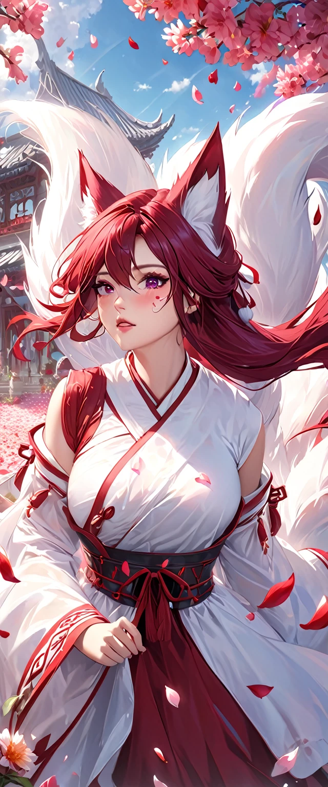 masterpiece, best quality, very aesthetic, absurdres, 1girl, mature_lady, ,,ahri(league_of_legends), 1girl, kitsune, kyuubi, deep pink hair,deep purple fox ears, long_hair,brown_eyes ,facial mark, whisker markings,white fox tail,kyuubi, large_breasts, long sleeves, magic, white multiple tails, off shoulder, sharp fingernails,(red_and_white_dress:1.2),,in recreational machine hall,surrounding by flowers,falling_petals, petals,,wet_clothes