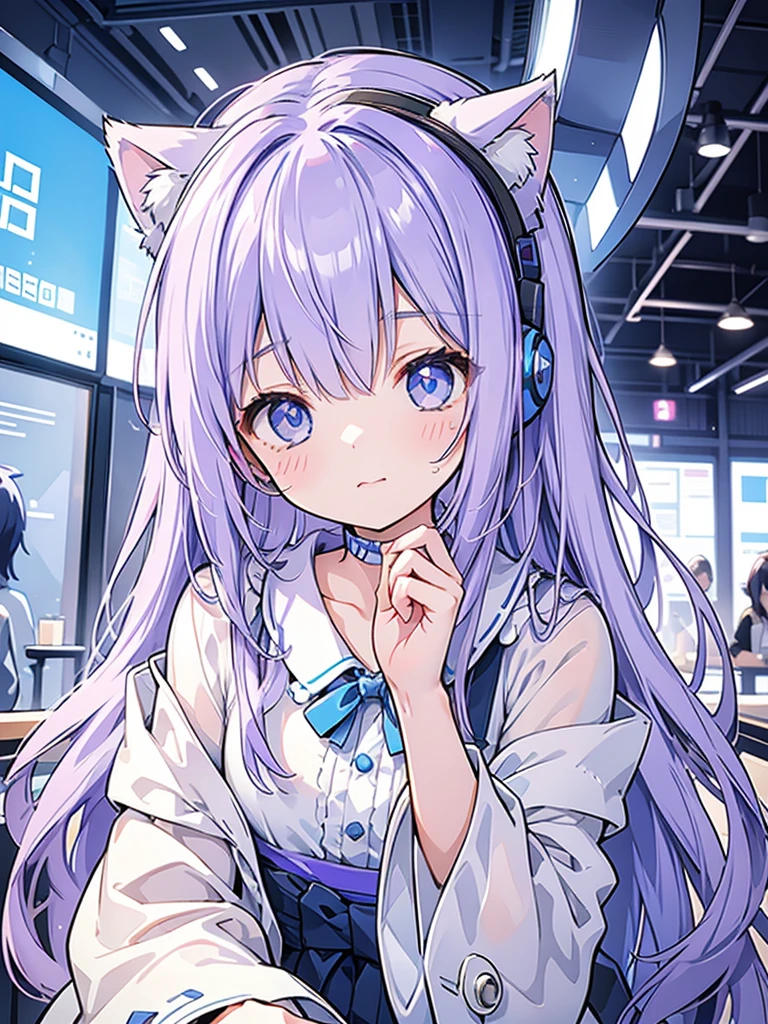 Purple Hair、Riding a blue cow、girl、Blue and silver cat ear headphones on head、Blue eye mask、cute、