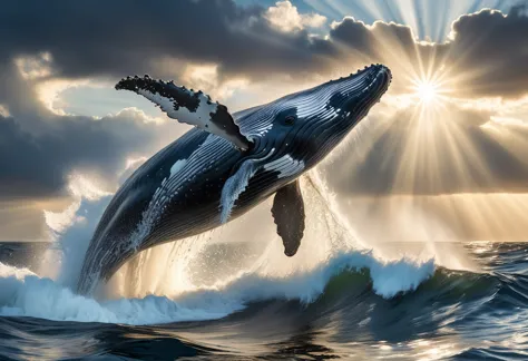 a beautiful humpback whale breaching out of the ocean, with water splashing around it, against a cloudy sky with god rays, highl...