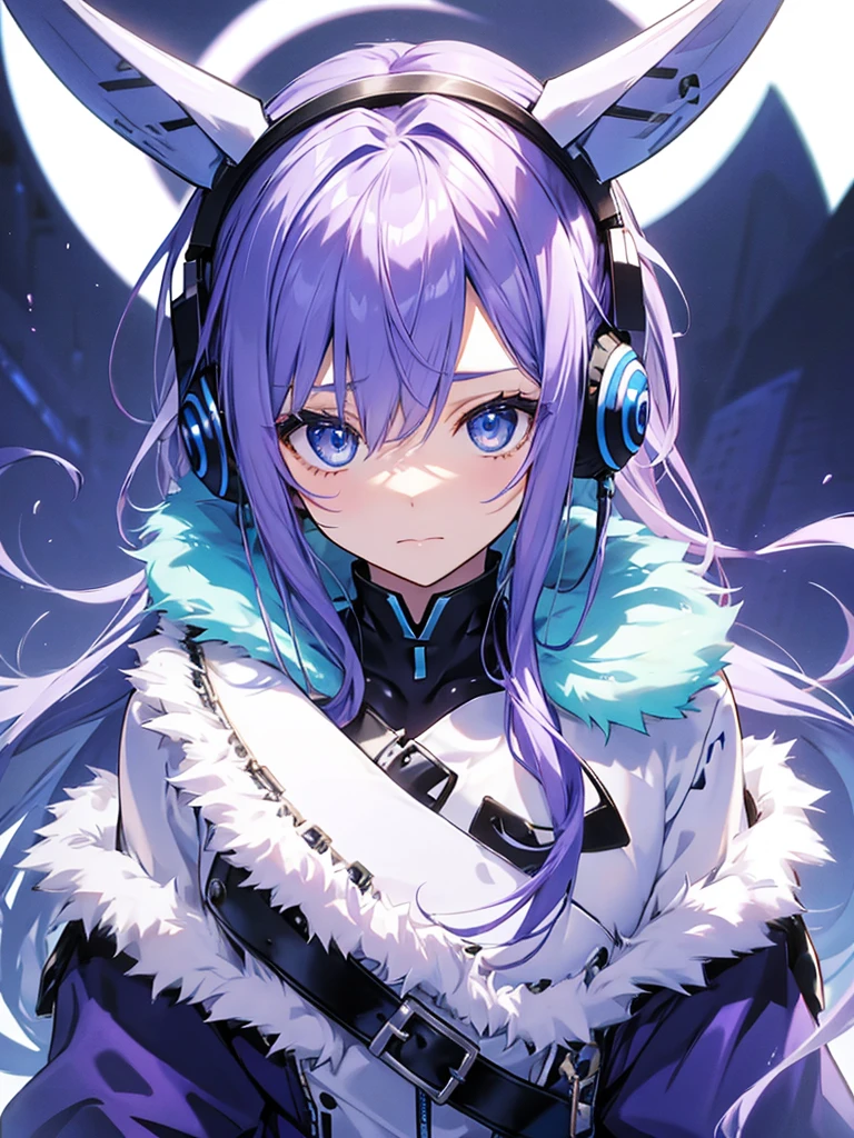 Purple Hair、Riding a blue cow、girl、Blue and silver cat ear headphones on head、Blue eye mask、cute、King&#39;s Crown、