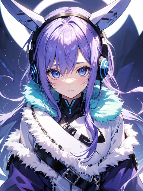 purple hair、riding a blue cow、girl、blue and silver cat ear headphones on head、blue eye mask、cute、king&#39;s crown、