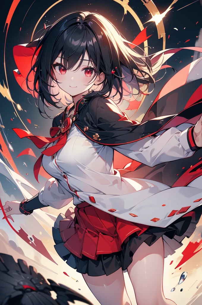 (masterpiece, highest quality, highest quality, (No text), Beautiful and aesthetic:1.2),No text,anime、break,One Girl，Black Hair Girl　 adult　Short Hair　Older sister　Beautiful eyes　Red eyes　cool　smile　Black and Red　skirt　Full Body Outdoors