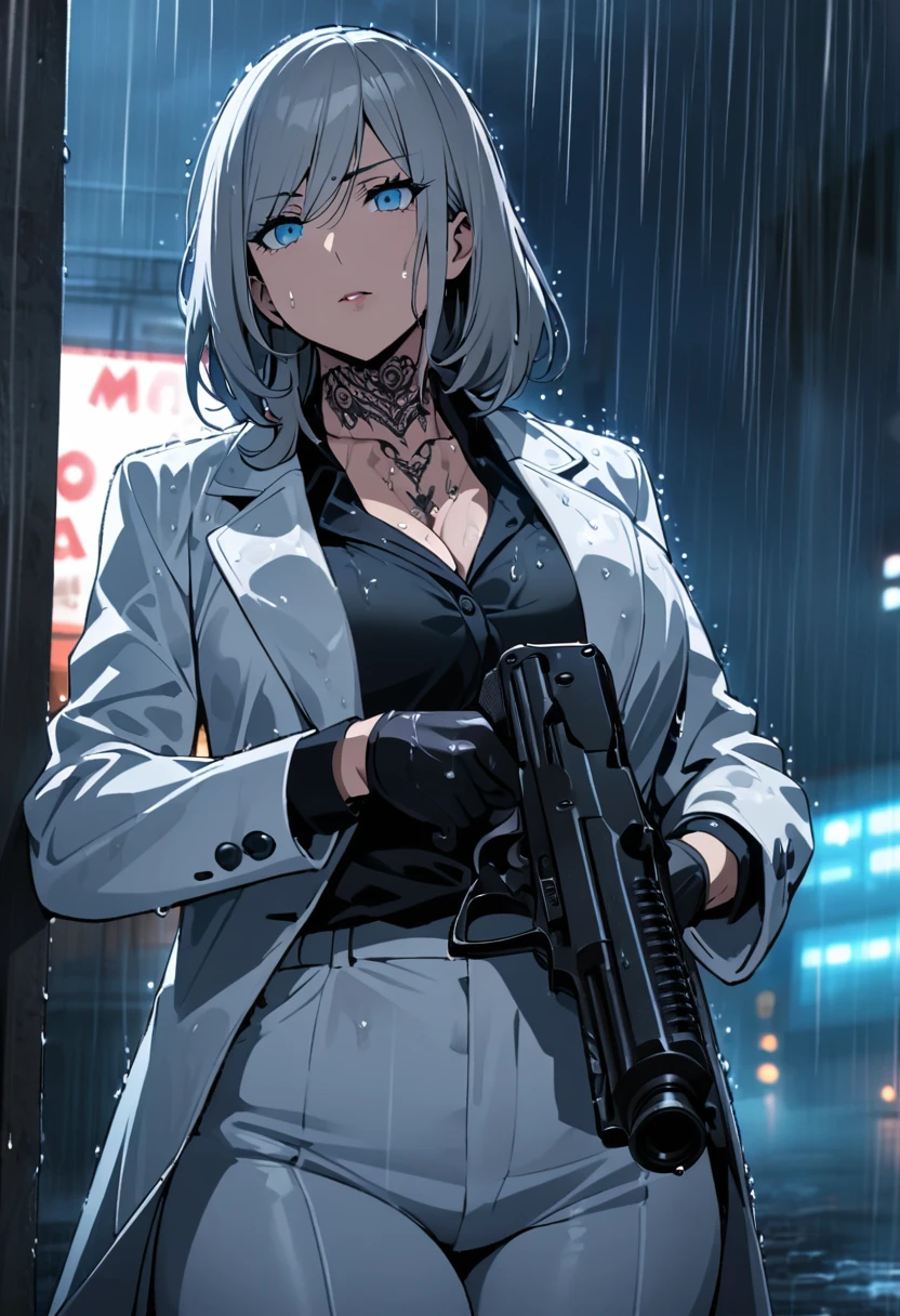 Hands One, Alone, female, mature, mafia, black shirt, White pants, black gloves, white coat, Medium hair, gray hair, bright blue eyes, Huge tattoo on neck, remote area, Pistol, aim a gun, late at night, rain, Wet clothes