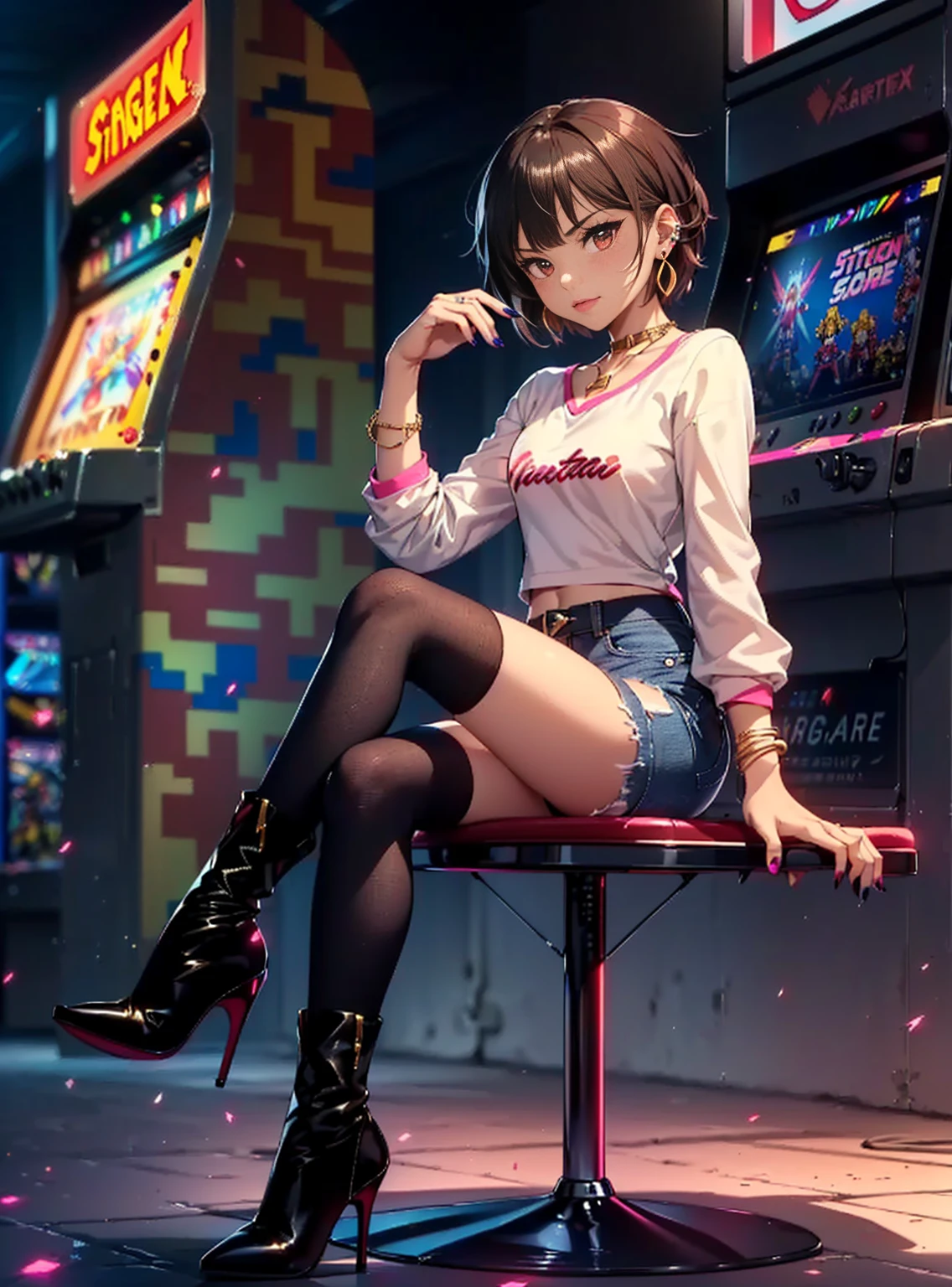 ((1girl, solo ,alone, megumin, short hair, red eyes, brown hair, ((short woman, small bust)), painted nails, gold bracelets, ruby earrings)), ((solo, 1woman, pink lipstick, Extremely detailed, ambient soft lighting, 4k, perfect eyes, a perfect face, perfect lighting, a 1girl)), austere, (( white sweatshirt, printed sweatshirt, long sleeve, denim shorts, black socks, long socks, heeled boots, stiletto heels, necklace, bracelets, earrings, sitting, crossed legs, arcade, video games, game store, smug ))