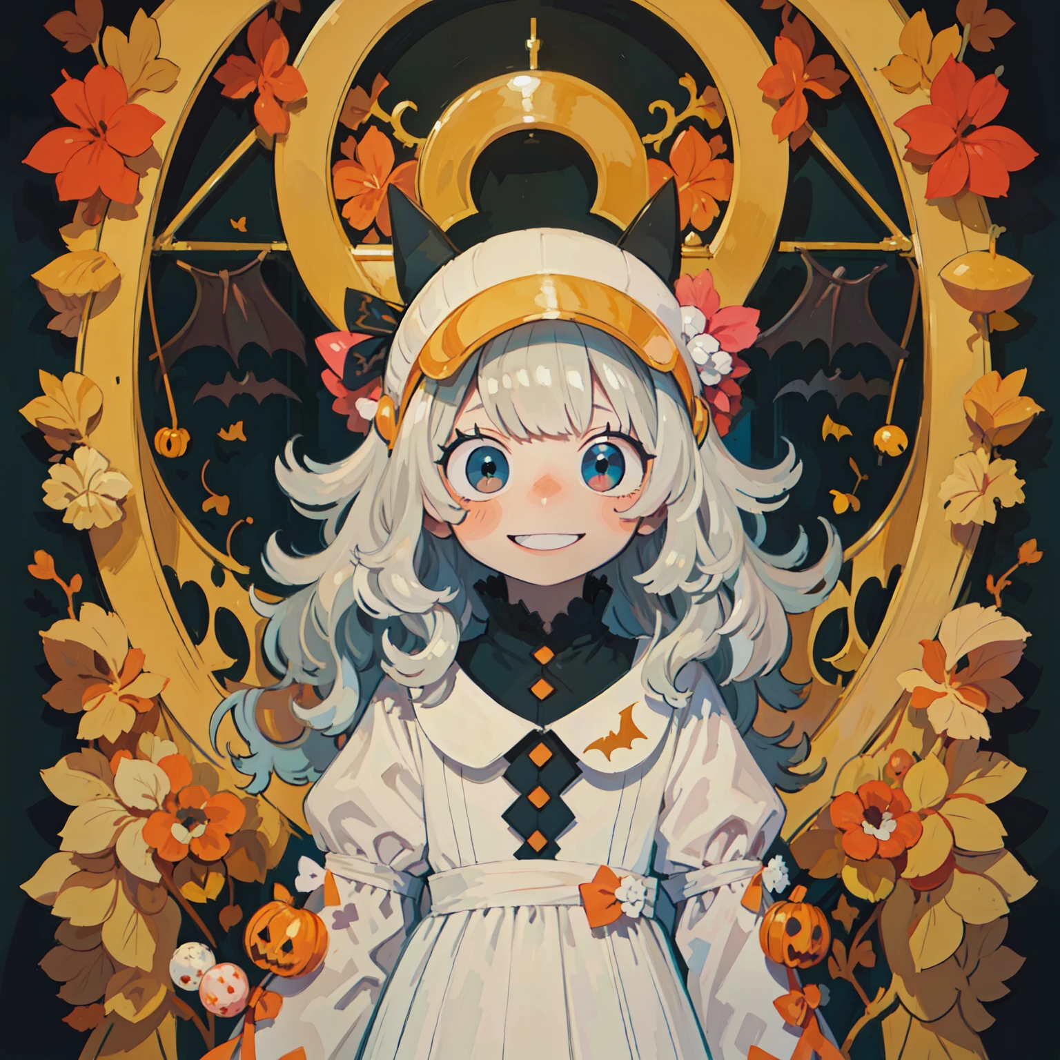 (((Highest quality, masterpiece, high resolution:1.5))), negative space, multicolored background, black background, ((1 girl, cutely smiling, asking for candy)), holding a heart-shaped motif in her right hand, (gothic dress, long hair, big hair), Jack-o'-lantern, wearing a Jack-o'-lantern on her head, (devil-like costume, crescent moon decoration, bat decoration, spiderweb decoration), Halloween, detailed anime-style illustration