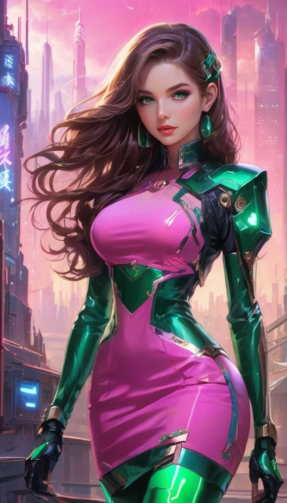 long wavy hair, Brown hair, 1 girl, emerald eyes, waving with two fingers,High quality detailed fingers, seductive pink lips, fitted emerald green dress, student miniskirt ,,detailed and complete body ancestral landscape, Sci-Fi Cyberpunk Masterpiece, Very detailed, 