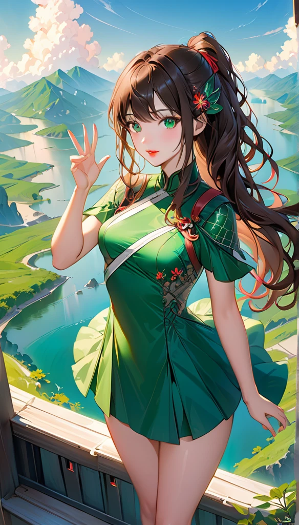 long wavy hair, Brown hair, 1 girl, emerald eyes, waving with two fingers,High quality detailed fingers, seductive pink lips, fitted emerald green dress, student miniskirt ,,detailed and complete body ancestral landscape, Sci-Fi Cyberpunk Masterpiece, Very detailed, 