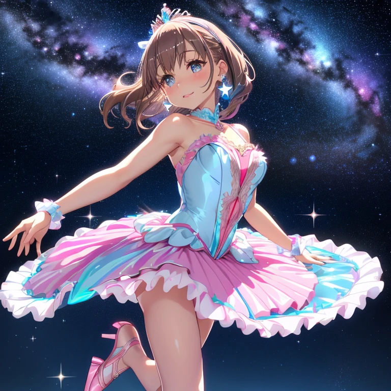 Glossy lips,Wearing a tutu,ballerina,Gorgeous costumes,Teardrop Earrings,Highly transparent earrings,Light blue earrings,Starry Sky,milky way,Shooting Star,Raising his leg,Wearing a tiara,neon,Pointe Shoes