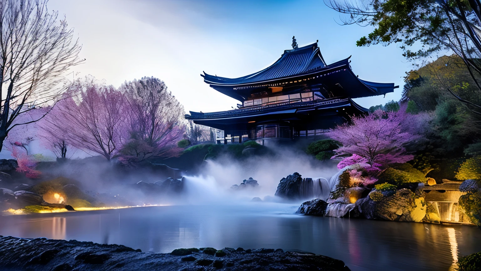 Create a magical landscape featuring a castle inspired by Tsuruga Castle in Aizu-Wakamatsu, surrounded by glowing, mystical forests and vibrant, colorful skies at twilight. The castle should have an ethereal aura with light particles floating around it, and cherry blossom trees with shimmering petals should surround the area. In the background, a waterfall of stars flows from the sky, and gentle mist covers the ground, adding a dreamlike atmosphere to the scene.