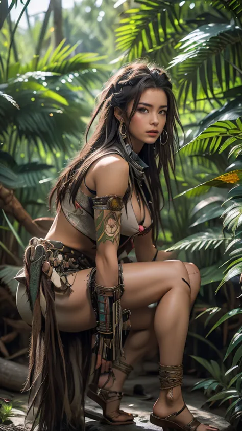 long dreadlocks with a center part、native american costume、(((in the background, he is crouching in the jungle.))),weapons: bow ...