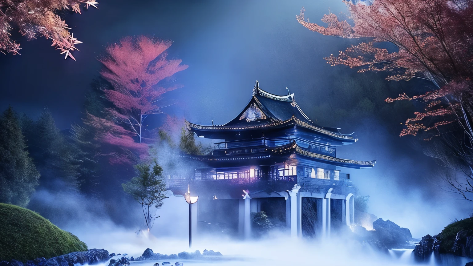 Create a magical landscape featuring a castle inspired by japanese castle, surrounded by glowing, mystical forests and vibrant, colorful skies at twilight. The castle should have an ethereal aura with light particles floating around it, In the background, a waterfall of stars flows from the sky, and gentle mist covers the ground, adding a dreamlike atmosphere to the scene.