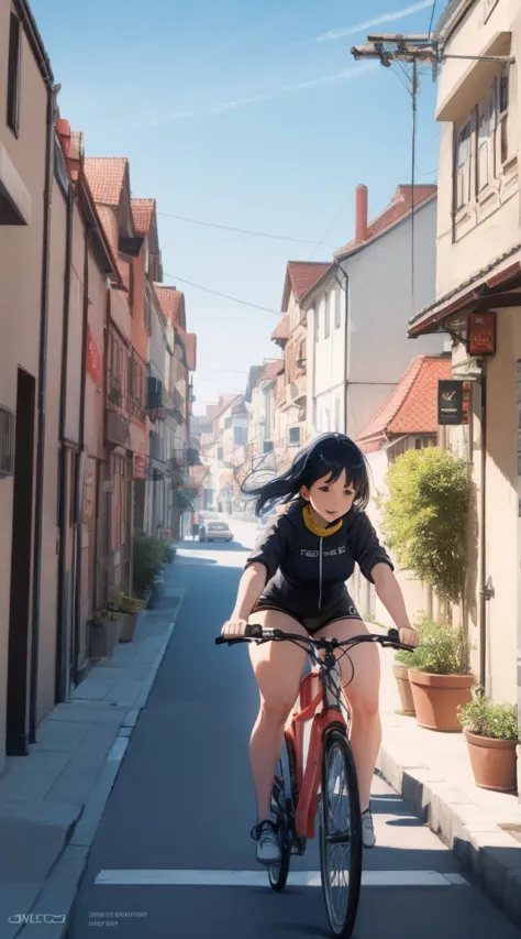 a minimalist artwork of a girl riding a bicycle through a city alley, with pastel-colored buildings and a soft blue sky in the b...