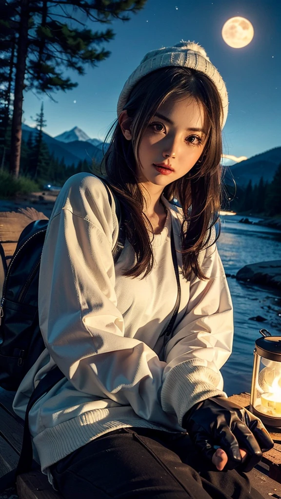 ((Beautiful Face:1.2)),1 woman((upper body selfie, happy)), masterpiece, best quality, ultra-detailed, solo, outdoors, (night), mountains, nature, (stars, moon) cheerful, happy, backpack, sleeping bag, camping stove, water bottle, mountain boots, gloves, sweater, hat, flashlight, forest, rocks, river, wood, smoke, shadows, contrast, clear sky, analog style (look at viewer:1.2) (skin texture) (film grain:1.3), (warm hue, warm tone)