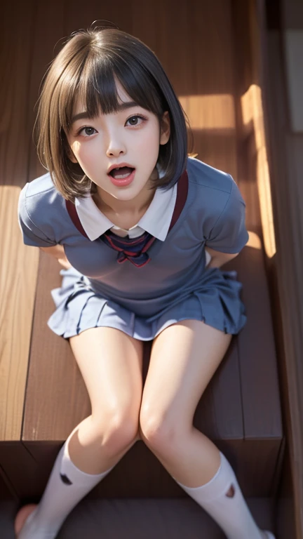 (((Best Quality))), ((masterpiece)), (detailed), ((solo)), (((((((1 high school girl wearing large-sized school uniform))))))), tall, ((White skin)), ((((Angle of view that includes face and whole body)))), (((Well-formed face))), ((Big eyes)), ((((((((Droopy eyes)))))))), (((((Closer Eyes))))), ((Glowing skin)), (((((Correct Anatomy))))), Spread your legs, (((((Delicate and thin thighs))))), ((((Stylish bangs)))), (Stylish hairstyle), ((((Slender and slim lower body)))), ((((((Open Mouth)))))), (((((Top view))))), (((((Broken Seiza))))), (((Cheek))), ((((Showing tongue)))), Look this way, 