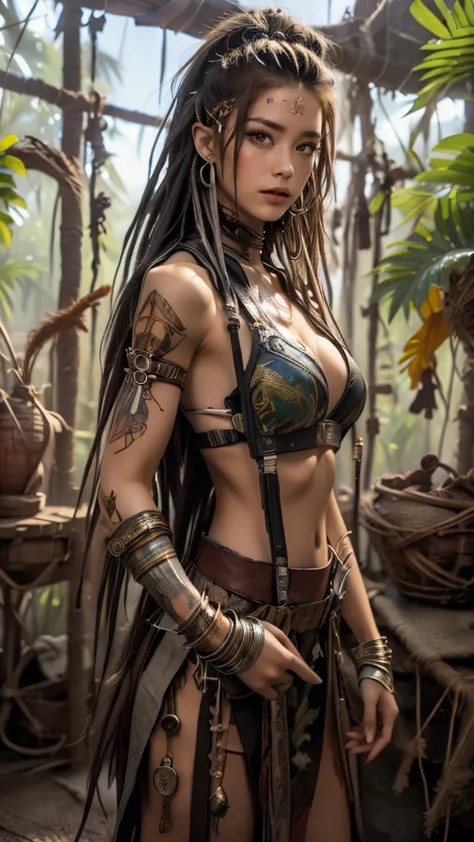 long dreadlocks with a center part、native american female warrior、native american costume、(((the background is the jungle))),hol...