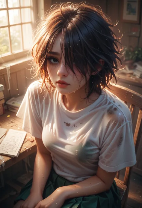 arti future anime. birds eye view, dirty woman sitting on chair in dilapidated house, wet messy hair over eyes, detailed bodycon...