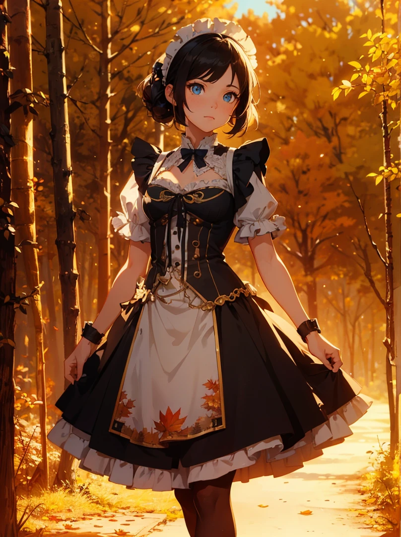 (masterpiece, high resolution,ultra - detailed:1.0),1 girl,Young and beautiful woman, eyes looking away from viewer, Perfect female body, (upper body), (autumn forest), Extremely detailed CG,Unity 8k wallpaper，Complicated details, solo person, medium_bust, (blue eyes), asian eyes, (medium black hair,Maid clothes,short sleeves, timid expression),autumn forest (steampunk style),sunny day,Portrait,color difference, Depth of field,dramatic lighting, Ray tracing, Best quality, Cinematic lighting,offcial art,