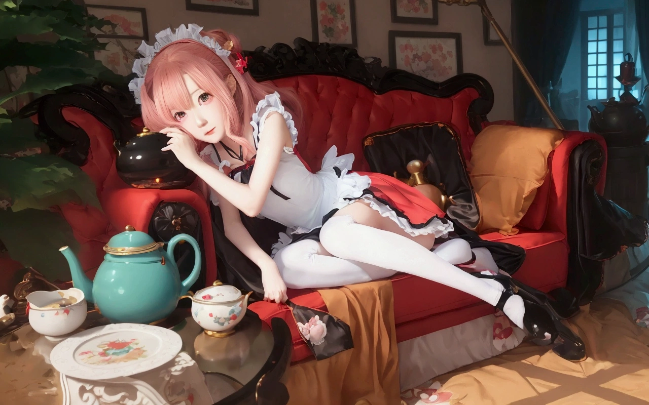 anime girl sitting on a red couch with a tea pot and tea pot, anime girl in a maid costume, maid outfit, gorgeous maid, splash art anime , pixiv, seductive anime girl, zerochan art, maid dress, guweiz on pixiv artstation,  in dress, cute anime waifu in a nice dress, lolish