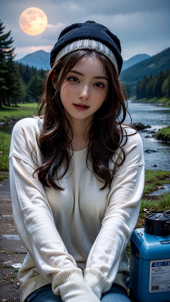 ((Beautiful Face:1.2)),((realistic:1.2)),1 woman((upper body selfie, happy)), masterpiece, best quality, ultra-detailed, solo, outdoors, (night), mountains, nature, (stars, moon) cheerful, happy, backpack, sleeping bag, camping stove, water bottle, mountain boots, gloves, sweater, hat, flashlight, forest, rocks, river, wood, smoke, shadows, contrast, clear sky, analog style (look at viewer:1.2) (skin texture) (film grain:1.3), (warm hue, warm tone)