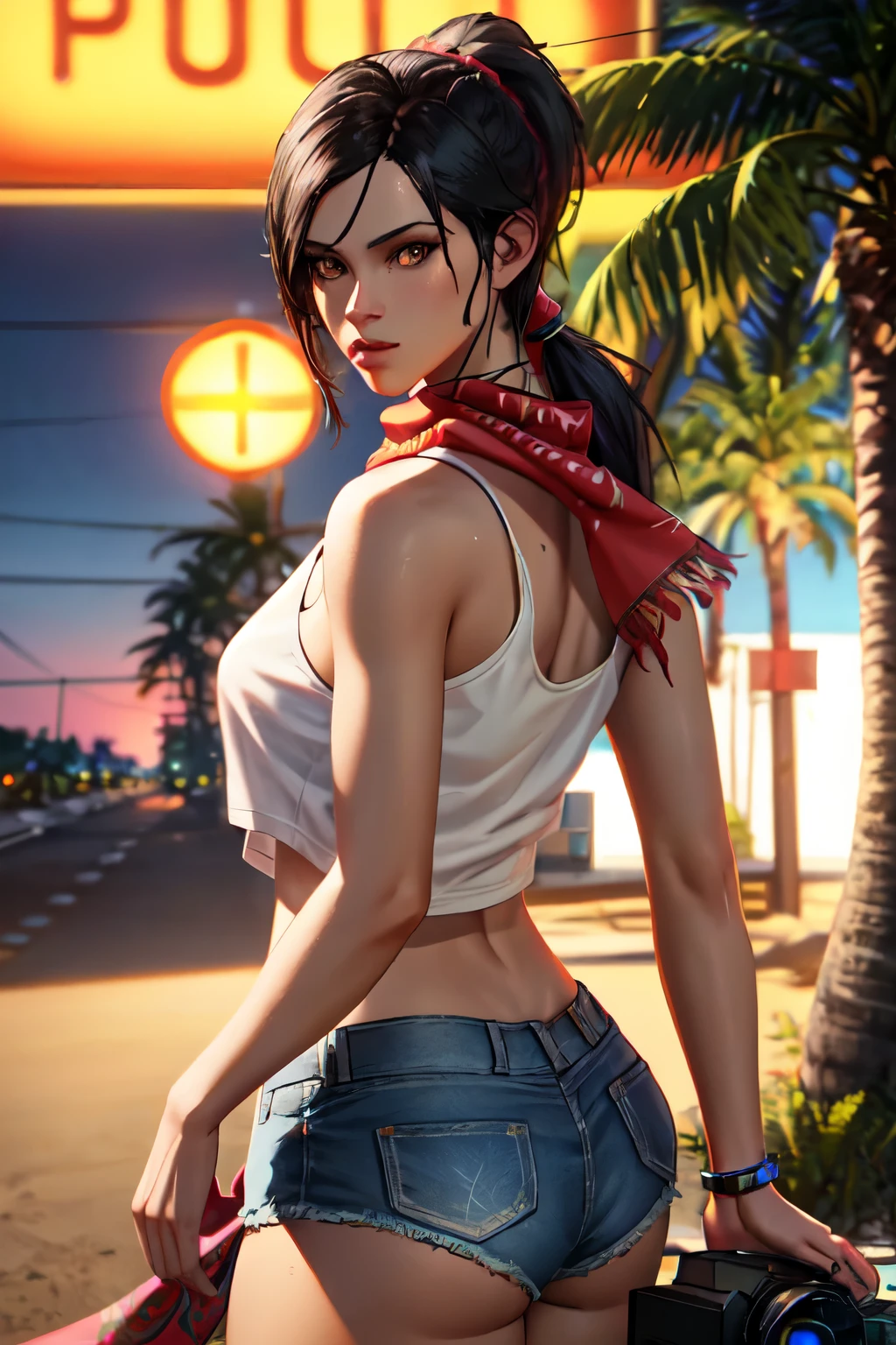 octane render,gtluc ,a woman, pele morena, neon lights,night,dark,(black tank shirt:1), ponytail, red bandana, denim shorts, (looking at viewer),miami,trees,palms,beach,8k uhd, dslr, high quality,  (ultra realistic,32k, masterpiece:1.1),(detailed skin),