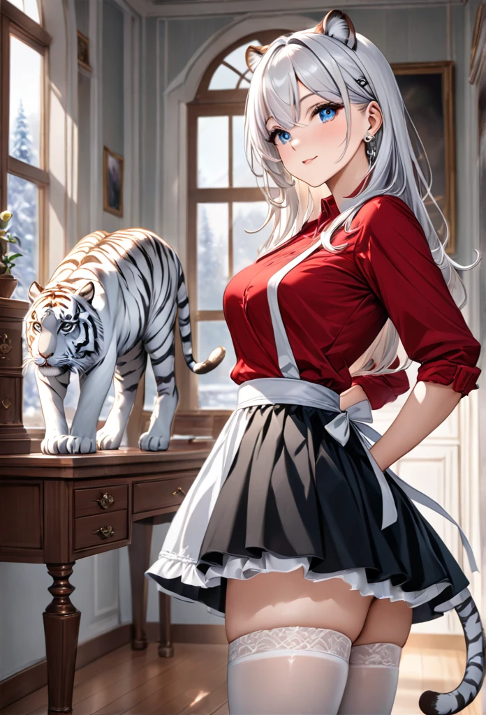 highest quality, ultra high resolution, super detailed, gorgeous, masterpiece, best quality, high resolution finely detailed, extremely beautiful, distinct image, hourglass figure, 1 girl, 2, (front-view), (side-view), soft and beautiful facial features, symmetrical face, (((casual red top))), ((( simple black knee-length skirt))), white waist apron atop her skirt, sheer white thigh-high stockings, piercing predatory blue eyes, innocent doe shaped eyes type, well endowed breasts F-cup breasts, immaculate curves, tall height(190cm), slim thick curvy body, athletic and flexible physiques, flowing snow-white hair, narrow waist, long legs, opulent bedroom background, milky white skin color shimmering in the sunlight coming in from the window, hip-level shot, snow-white feline tiger ears, white striped tiger tail protruding out her back, natural indoor background with a bed and desk, casting gentle shadows, casual and slightly intense atmosphere, low angle, sharp focus on the subject, no motion blur, well-lit overall exposure, front-view, gazing straight into the camera