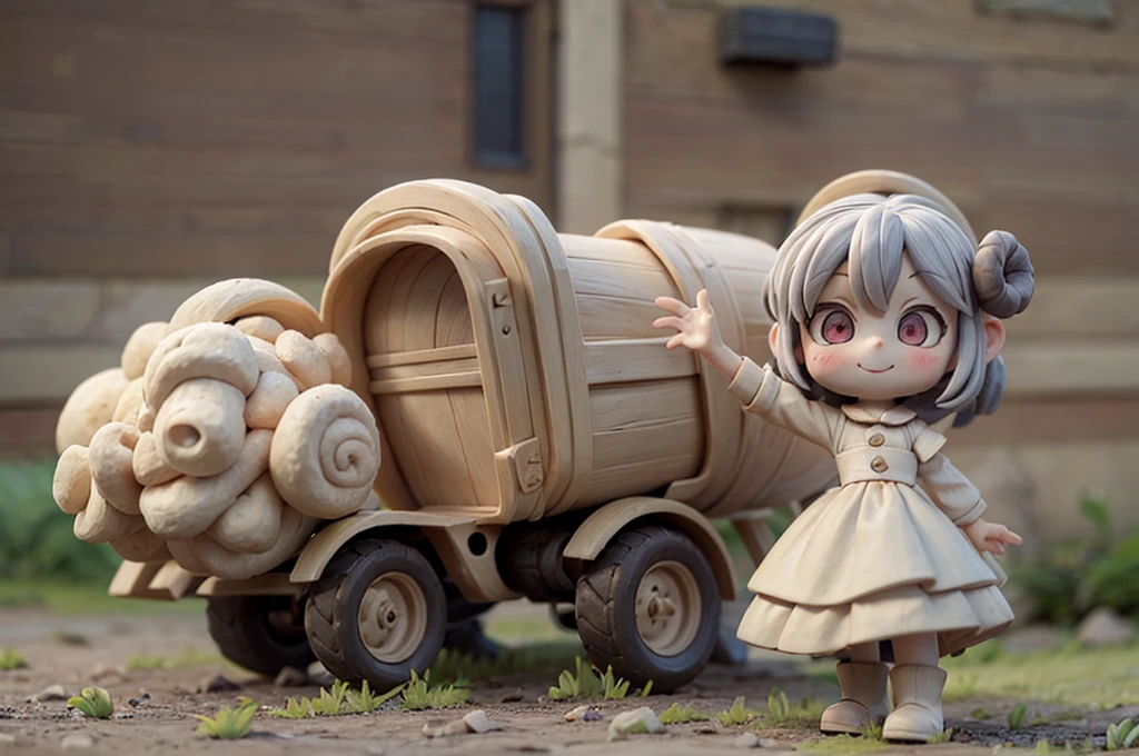 (Clay animation, Masterpiece:1.2, high details:1.2, A warm style, Shaun the Sheep Style, Sheepfold in the background, Tractor:1.3), Made of clay:1.3, (One woman, Pink fluffy hair, Long Hair, Thick eyebrows, smile, Overalls, Boots, 麦laughter帽子), A perfectly shaped sheep:1.5, Lots of sheep, laughter