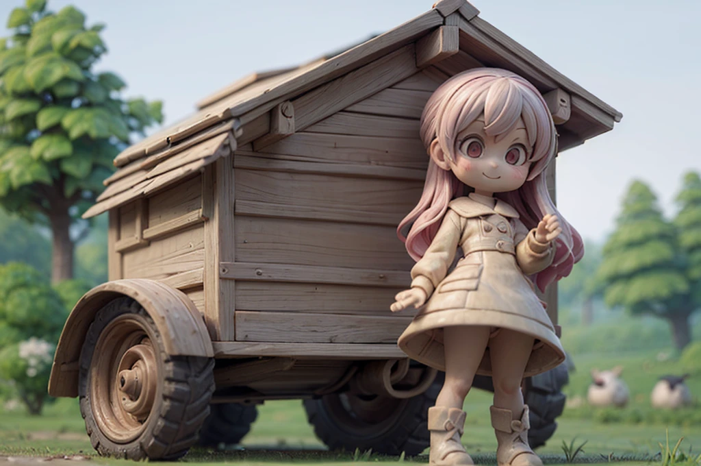 (Clay animation, Masterpiece:1.2, high details:1.2, A warm style, Shaun the Sheep Style, Sheepfold in the background, Tractor:1.3), Made of clay:1.3, (One woman, Pink fluffy hair, Long Hair, Thick eyebrows, smile, Overalls, Boots, 麦laughter帽子), A perfectly shaped sheep:1.5, Lots of sheep, laughter