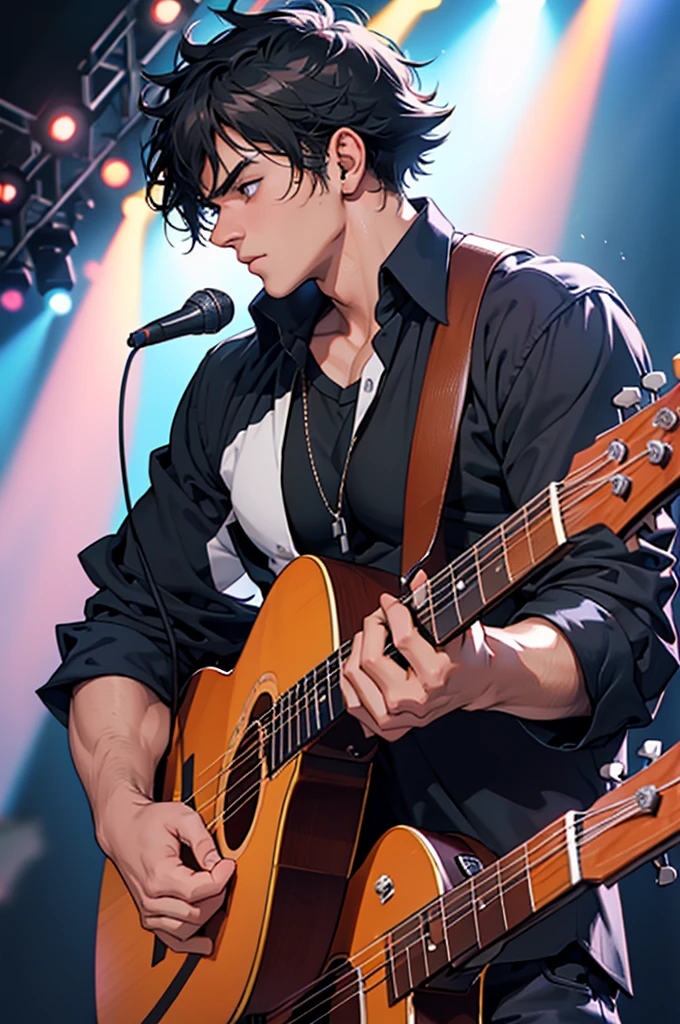 men,youngman,handsome,black short messy hair,big muscle,big tricep,bigboobs ,man in open shirt playing a guitar in front of a microphone, performing on stage, bassist, rocking out, performing, profile shot, live performance, on stage, playing guitar onstage, declan mckenna, taken in the early 2020s, album art, on the stage, profile pic, smooth in _ the background, performing a music video