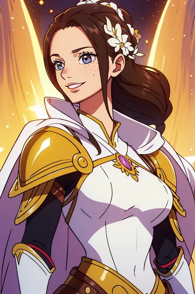 Create an image of a young woman with a cheerful smile, a sprinkling of freckles on her youthful face, and her hair elegantly styled and gathered. She is dressed in a suit of armor, suggesting she could be a female knight. Over her armor, she wears a flowing white cape that drapes gracefully over her shoulders. The overall look combines both strength and elegance, with her bright smile adding a touch of warmth and confidence to her regal appearance.