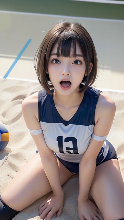 (((Best Quality))), ((masterpiece)), (detailed), ((solo)), (((((((An 1 high school girl wearing a volleyball uniform))))))), (((Pure white skin))), ((((Angle of view that includes face and whole body)))), (((Well-formed face))), ((Big eyes)), ((((((((Droopy eyes)))))))), (((Closer Eyes))), ((Glowing skin)), (((((Correct Anatomy))))), Spread your legs, (((((Delicate and thin thighs))))), ((((Stylish bangs)))), (Stylish hairstyle), ((((Slender and slim lower body)))), ((((((Open Mouth)))))), ((((((Top view)))))), (((((Sitting in a slumped position, leaning forward))))), (((Cheek))), ((((Showing tongue)))), Look this way, Close-up, Smiling with eyes looking up, 