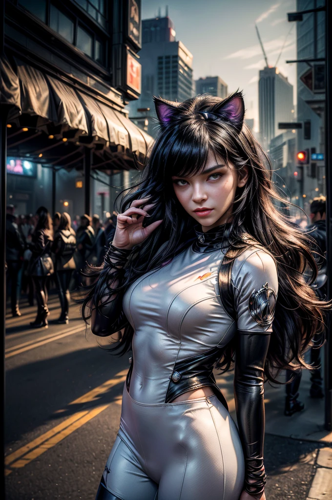 (masterpiece, best quality:1.2), cowboy shot, blake belladonna, cat ears, white shirt, detached sleeve, yoga pants, night, stars, standing near car, cyberpunk city, crowd, (masterpiece,stunning girlfriend, heart shaped face, elegant face, beautiful face, highly detailed face, highly detailed skin, skin pores, subsurface scattering, realistic pupils, looking at viewer, full lips, detailed background, depth of field, atmospheric perspective, volumetric lighting, sharp focus, absurdres, realistic proportions, good anatomy, (realistic, hyperrealistic:1.4), 16k hdr,