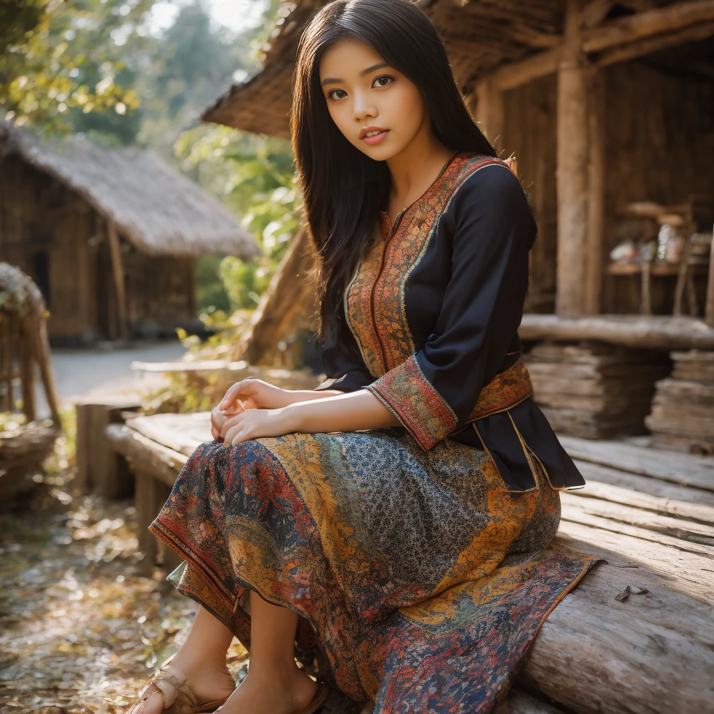 A 20 year old Dayak woman from West Kalimantan, wearing traditional Dayak clothes, very polite, black clothes, patterned, knee-high, patterned, original from woven material, golden yellow, originally typical of the Dayak tribe of West Kalimantan, am sitting, on a tree trunk, pose like a model, in the house yard cottage in the middle of the forest, looking ahead, staring, very detailed 8k