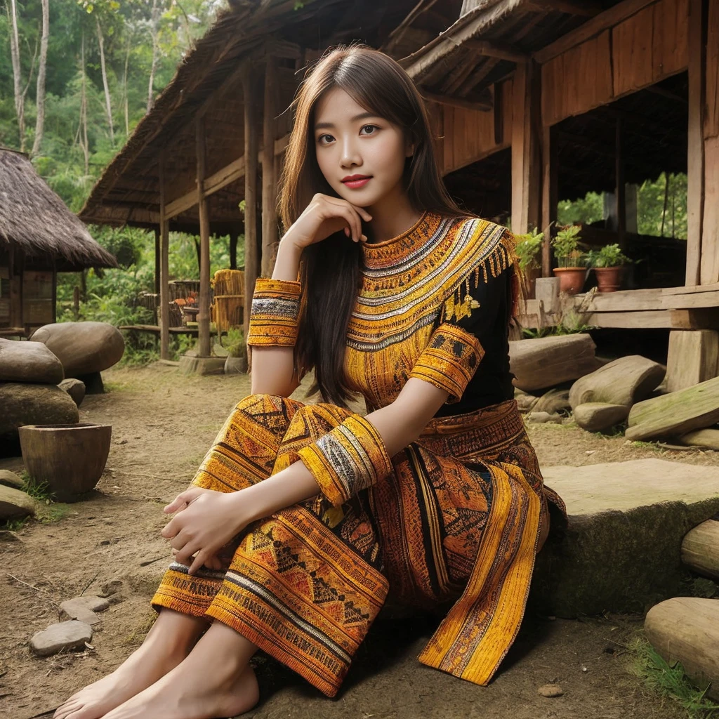 A 20 year old Dayak woman from West Kalimantan, wearing traditional Dayak clothes, very polite, knee-high, patterned, original from woven material, golden yellow, originally typical of the Dayak tribe of West Kalimantan, sitting posing like a model, in the house yard cottage in the middle of the forest, looking ahead, staring, very detailed 8k