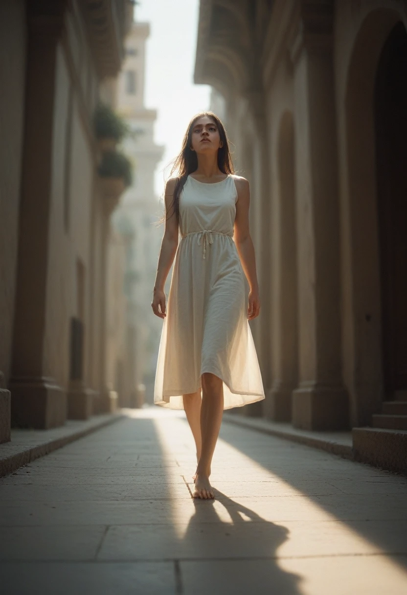 straight long hair, black V-neck sleeveless dress, smooth skin, standing pose, looking ahead, indoor setting with neutral background, soft lighting, natural shadows, casual atmosphere, front view angle, shallow depth of field, well-balanced exposure.