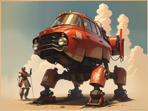 a japanese painting with vintage technique，depicts an advanced vehicle, high tech, hd, mix, red，bipedal robotic legs