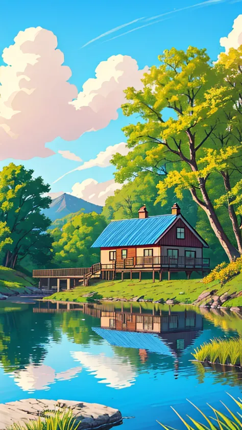 "a tranquil lakeside cottage, with a clear blue sky and soft clouds reflecting in the calm water. the vibrant, warm colors creat...