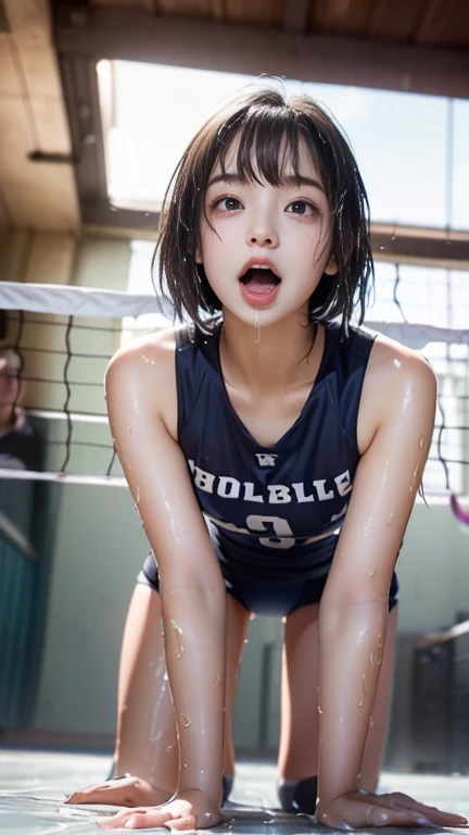 (((Best Quality))), ((masterpiece)), (detailed), ((solo)), (((((((An 1 high school girl wearing a volleyball uniform))))))), ((((((Wet face and skin)))))), (((Pure white skin))), ((((Angle of view that includes face and whole body)))), (((Well-formed face))), ((Big eyes)), ((((((((Droopy eyes)))))))), (((Closer Eyes))), ((Glowing skin)), (((((Correct Anatomy))))), (Spread your legs), (((((Delicate and thin thighs))))), ((((Stylish bangs)))), ((Stylish hairstyle)), ((Slender and slim lower body)), (((((Open Mouth))))), (((((Angle from below))))), (((((Lean forward and kneel on the floor))))), (((Cheek))), ((((((Showing tongue)))))), Lift the corners of your mouth, 