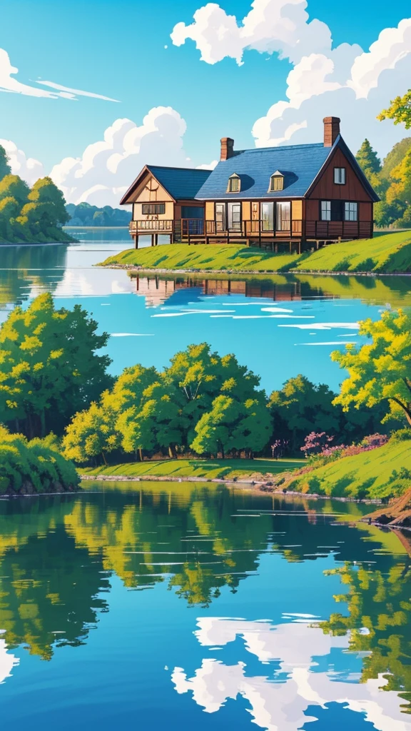 "A tranquil lakeside cottage, with a clear blue sky and soft clouds reflecting in the calm water. The vibrant, warm colors create a peaceful and inviting atmosphere, perfect for a serene escape."