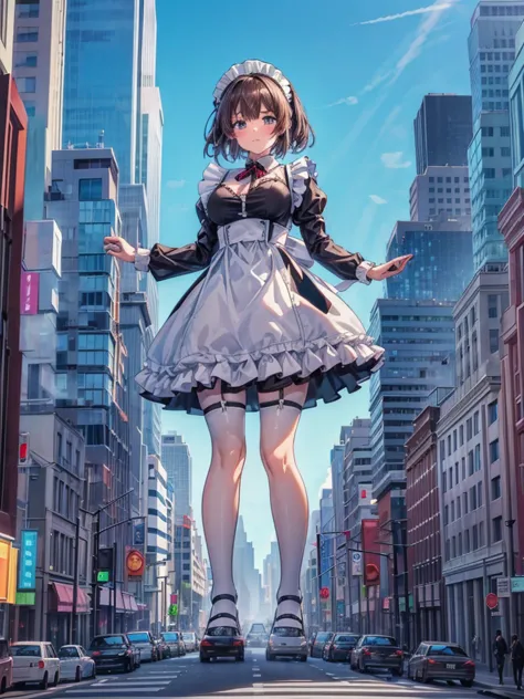 ((girl in a giant maid outfit))　(((a giant girl is walking between buildings))) 

composition seen from below blue sky, thunderc...