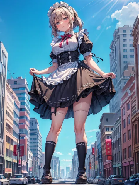 ((girl in a giant maid outfit))　(((a giant girl is walking between buildings))) 

composition seen from below blue sky, thunderc...